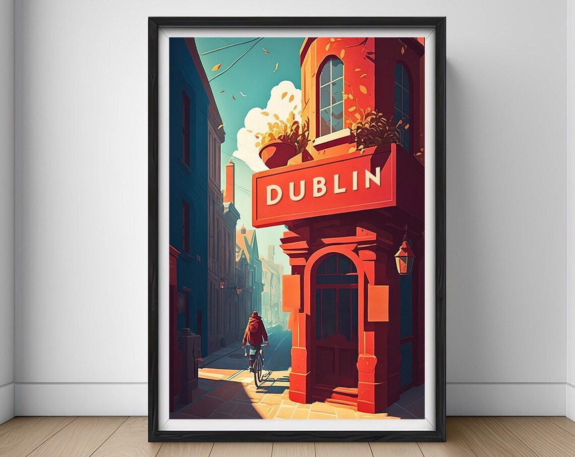 Dublin Ireland Vintage Travel Poster Red Pub Cyclist Street Scene