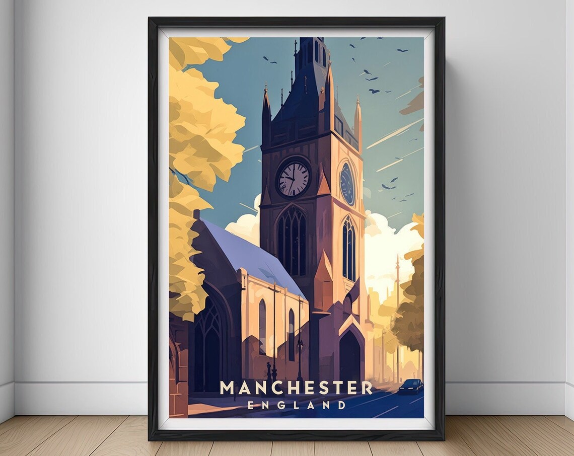 Manchester England Historic Clock Tower Vintage Travel Poster