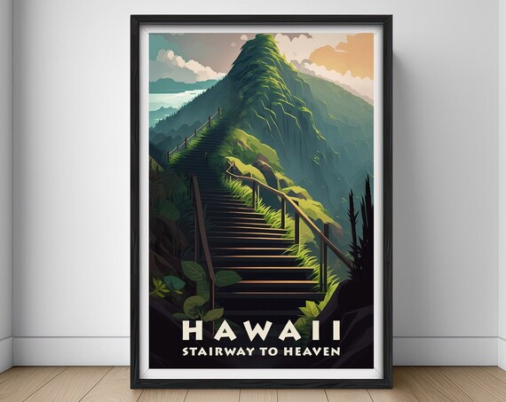 Hawaii Stairway To Heaven Travel Poster Hawaii Stairway To Heaven Wall Art Print Hawaii Painting Illustration Hawaii Watercolor