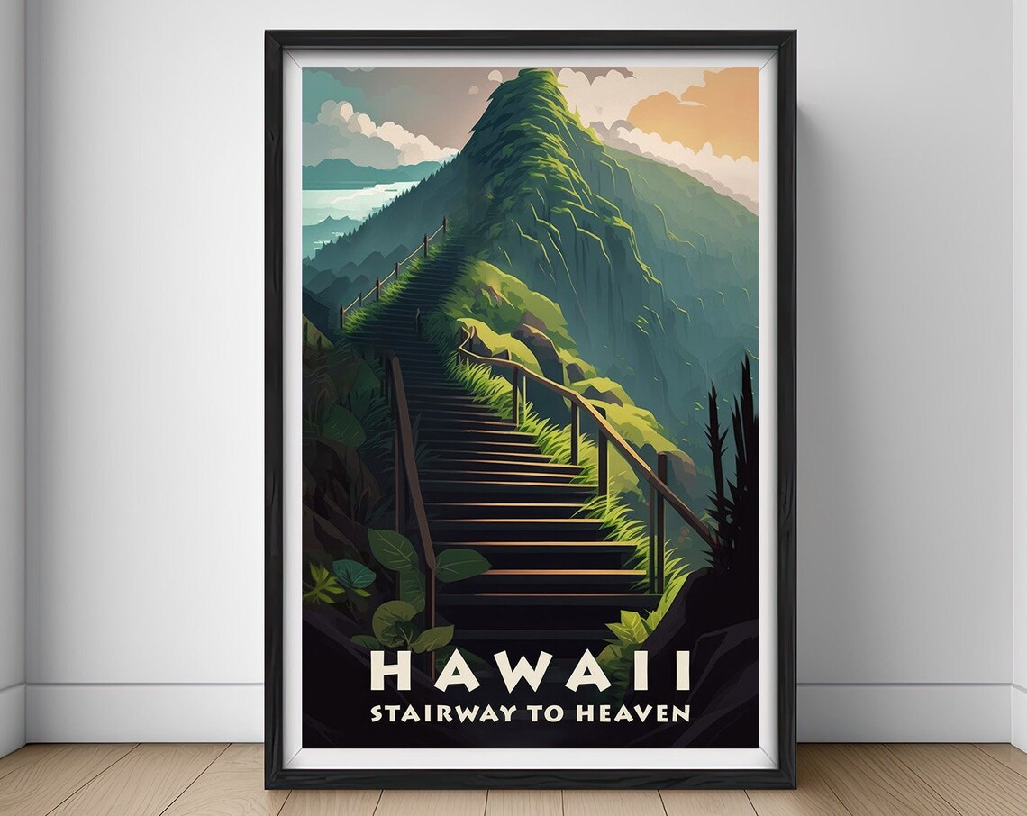 Hawaii Stairway To Heaven Haiku Stairs Hiking Vintage Poster