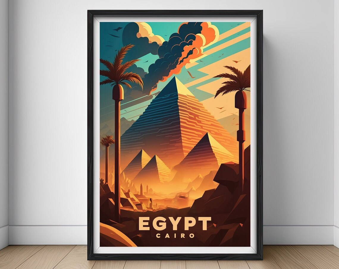 Egypt Cairo Pyramids Vintage Travel Poster Desert Sunset Art