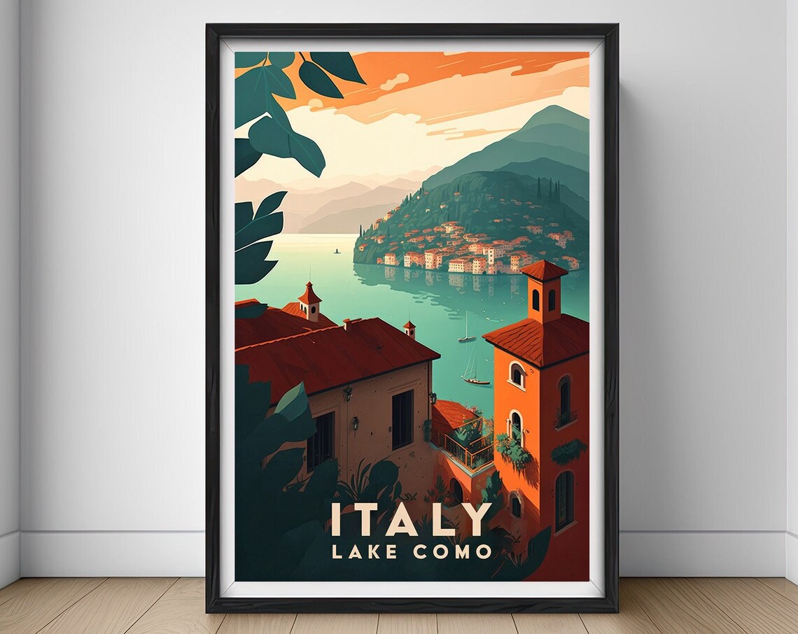 Lake Como Italy Watercolor Travel Poster, Lake View