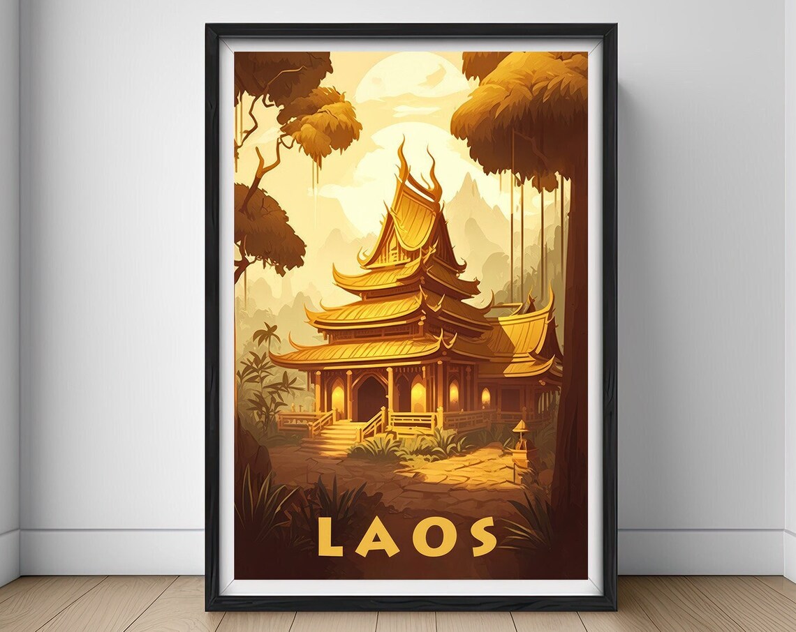 Laos Golden Buddhist Temple Rainforest Jungle Vintage Travel Poster