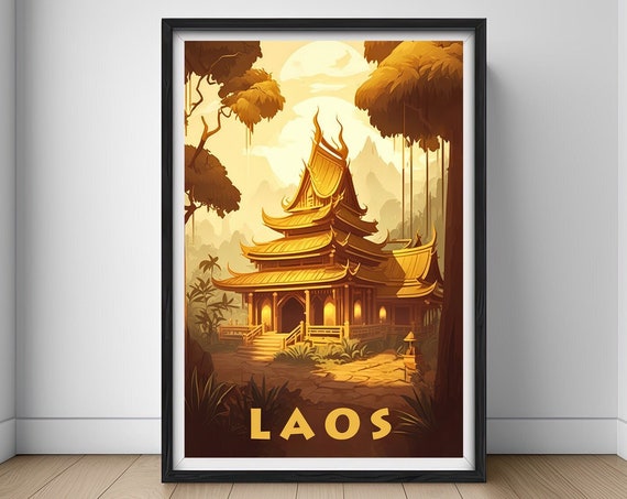 Laos Travel Poster Luang Prabang Laos Wall Art Print Luang Prabang Laos Painting Illustration Laos Golden Temple Laos Home Decor