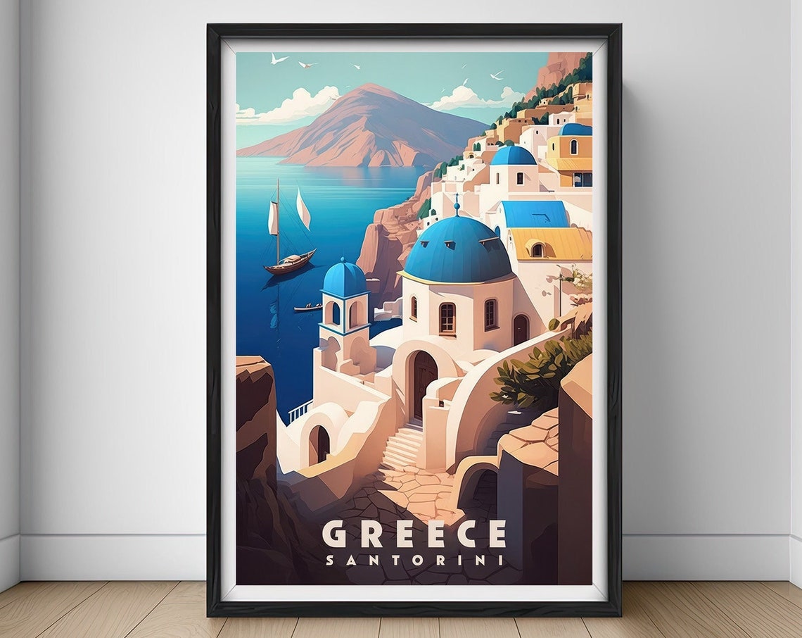 Santorini Greece Blue Dome Churches Aegean Coast Travel Poster