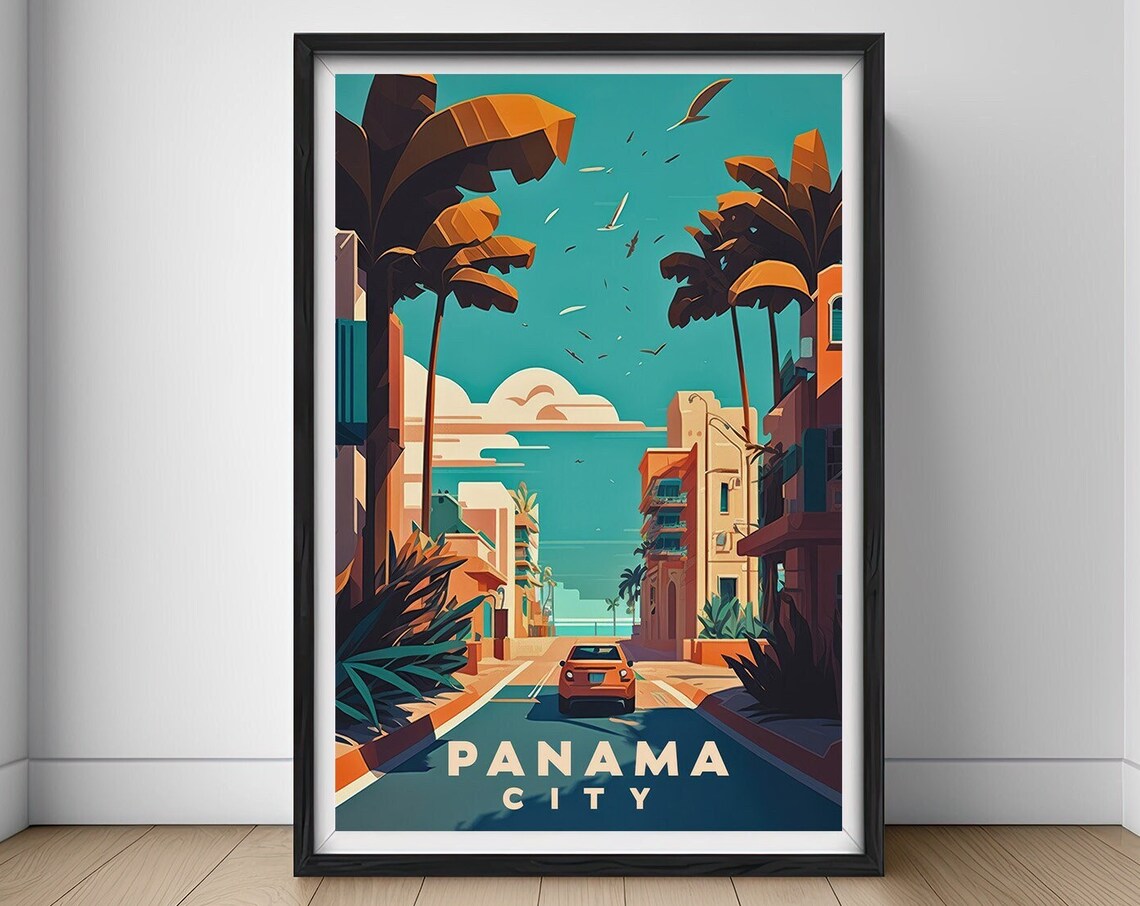Panama City Palm Lined Street Vintage Car Retro Travel Poster