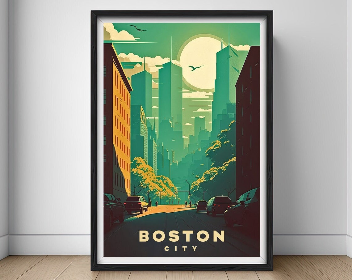 Boston Massachusetts Downtown Skyline Street Retro Travel Poster
