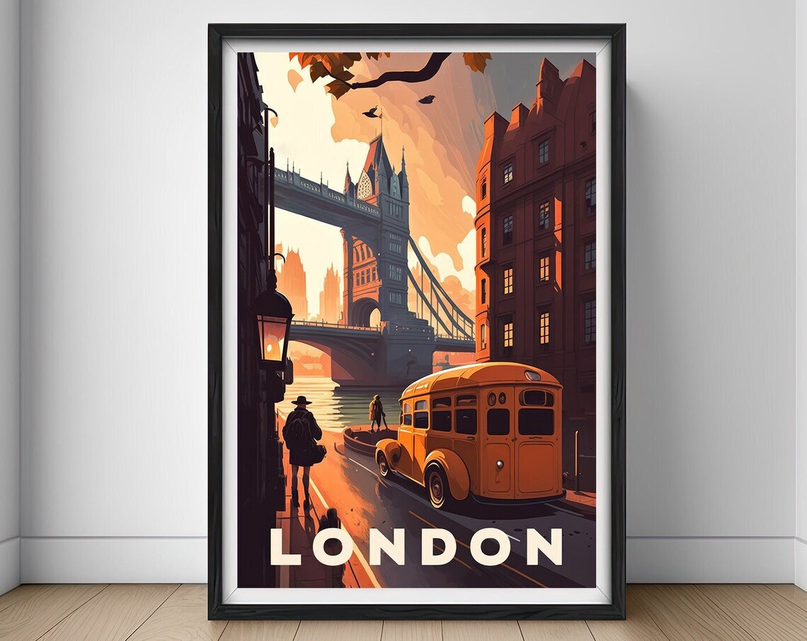 London Tower Bridge Vintage Bus Thames River Sunset Travel Poster