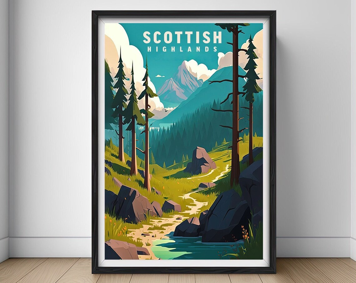 Scottish Highlands Pine Forest Mountain Stream Travel Poster