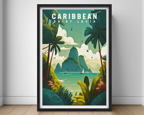 Saint Lucia Caribbean Pitons Sailboats Vintage Travel Poster