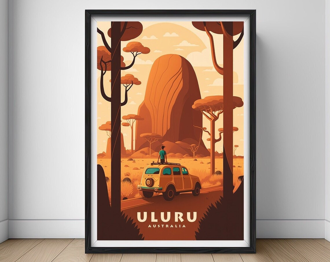 Uluru Australia Red Rock Road Trip Station Wagon Vintage Poster