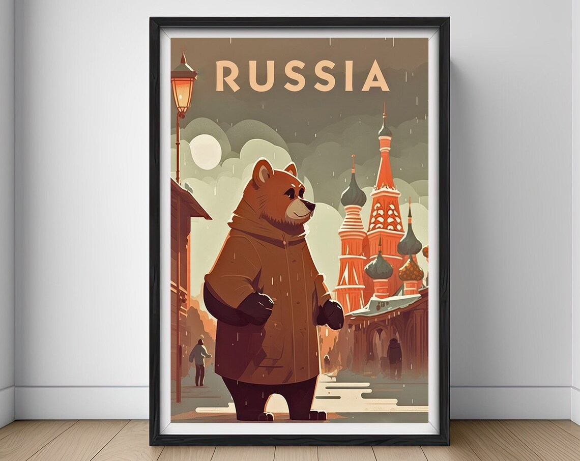 Russia Bear Cartoon St Basils Moscow Cute Snowy Winter Poster