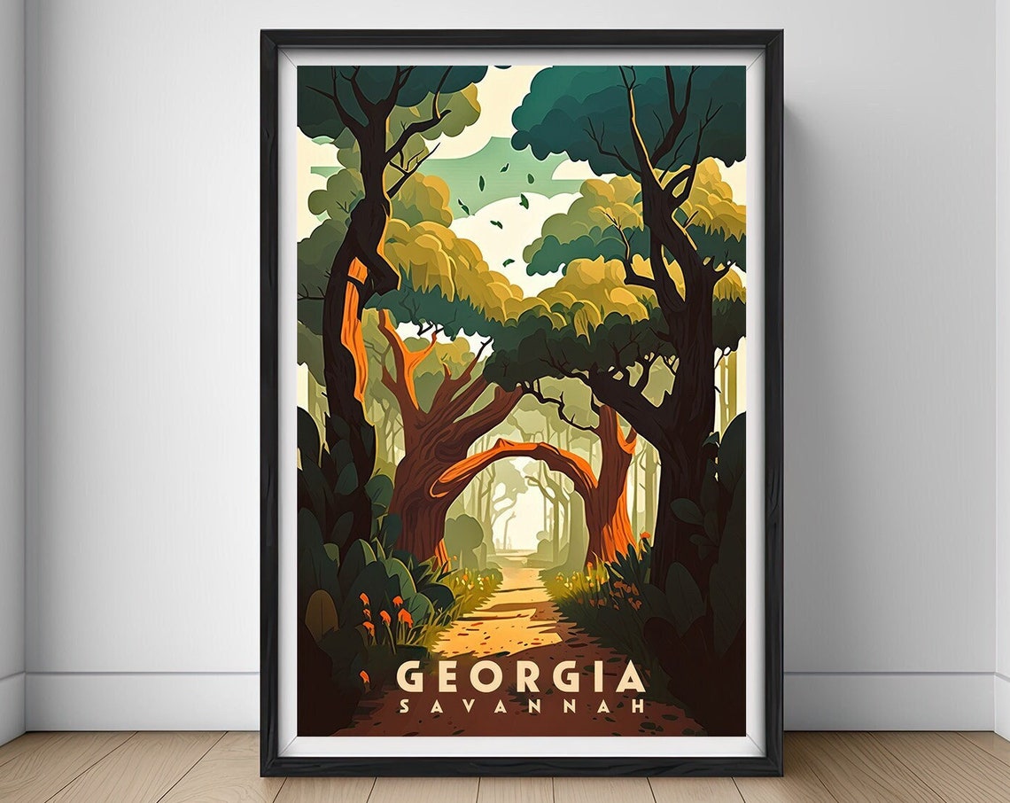 Savannah Georgia Spanish Moss Oak Trees Path Retro Travel Poster