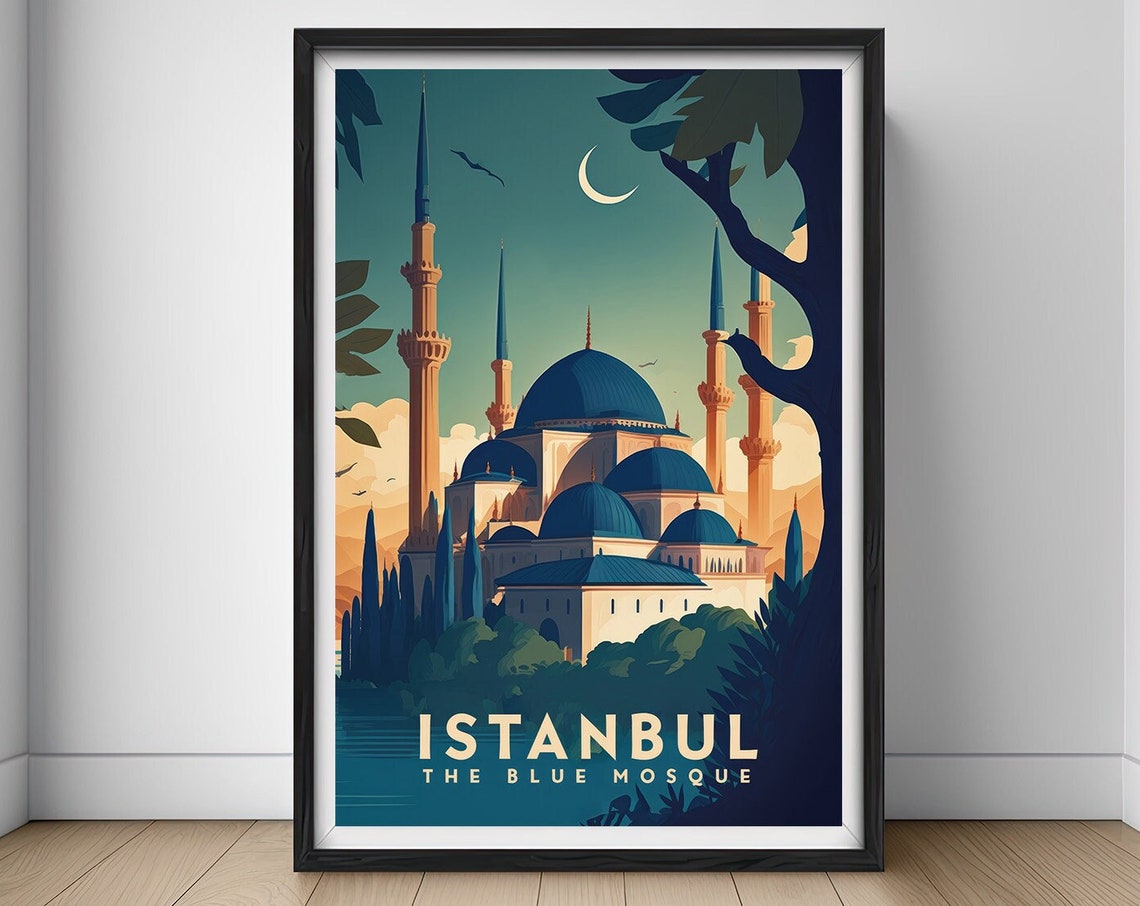 Istanbul Blue Mosque Vintage Travel Poster Moonlit Skyline Art