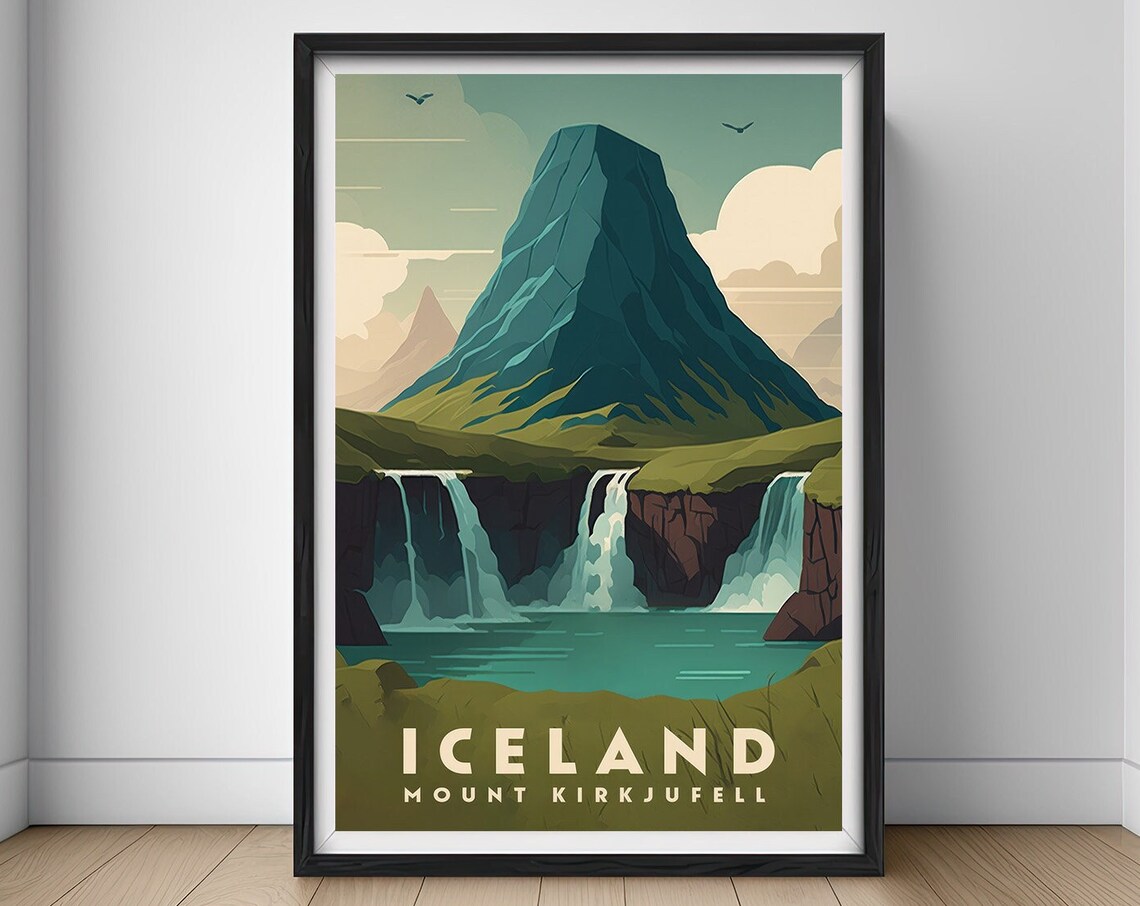 Mount Kirkjufell Iceland Dramatic Waterfalls Vintage Travel Poster