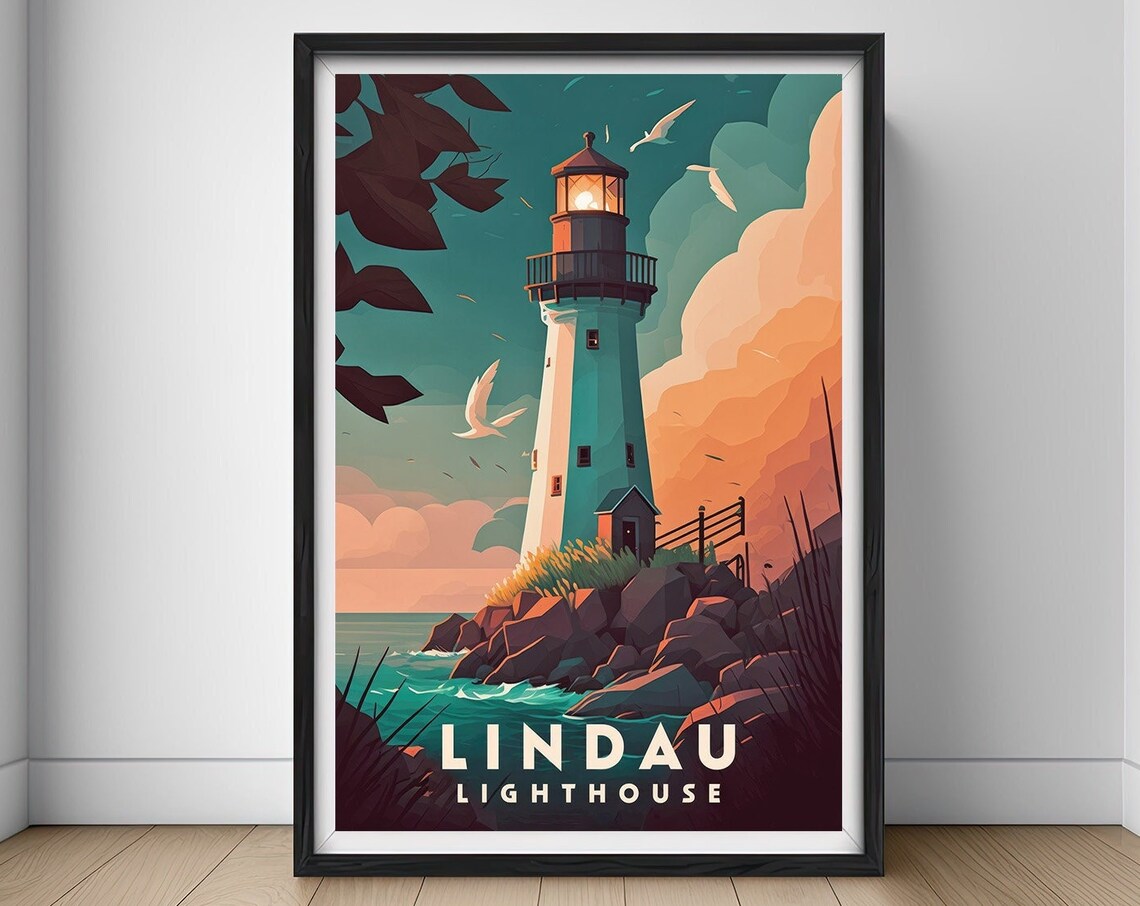 Lindau Lighthouse Sunset Coastal Rocks Vintage Travel Poster