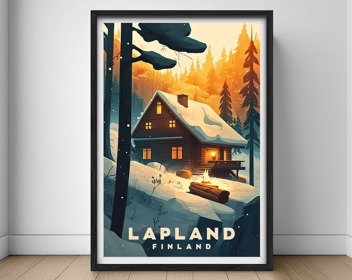 Lapland Finland Winter Travel Poster Snowy Cabin Sunset Glow