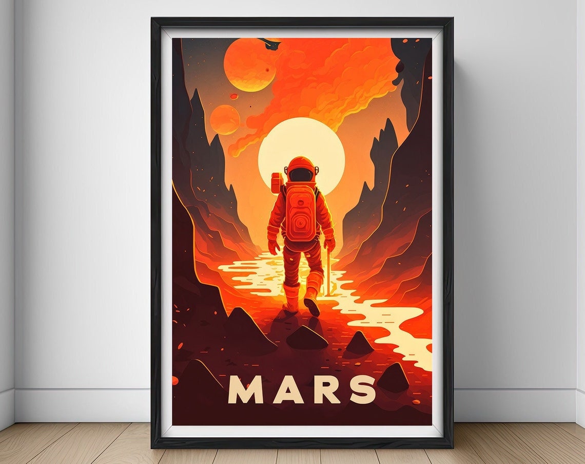 Mars Astronaut Red Planet Alien Landscape Retro Sci Fi Poster