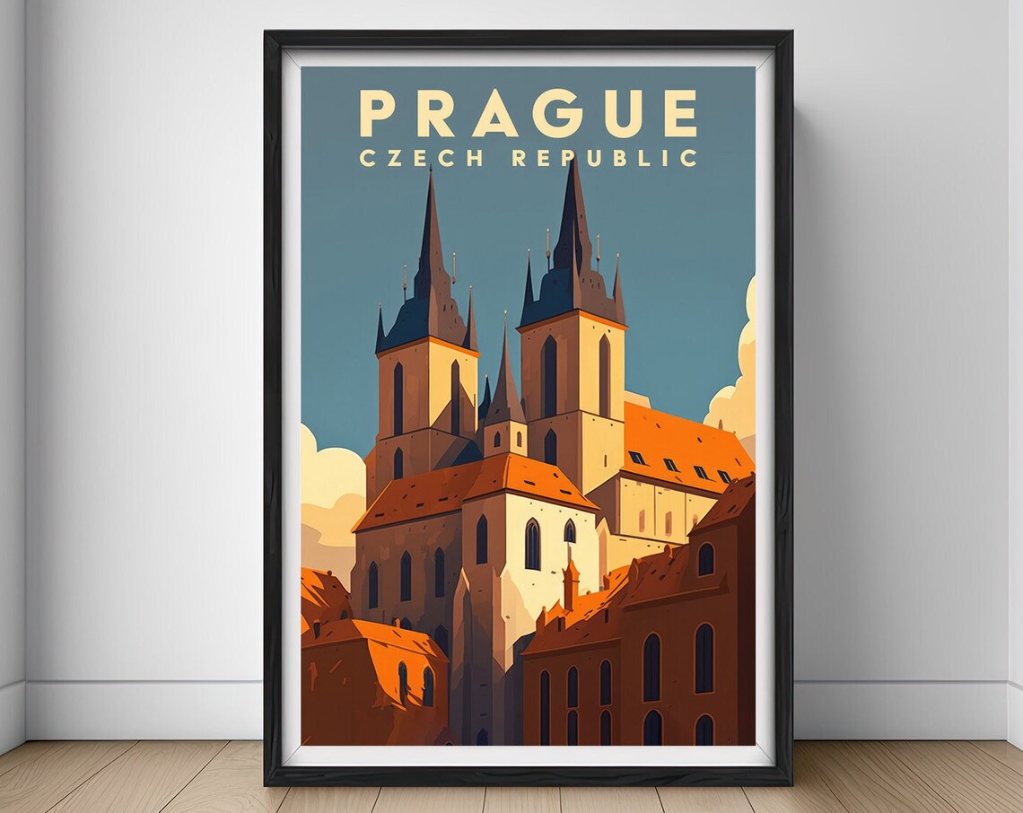 Prague Czech Republic Twin Spires Old Town Retro Travel Poster