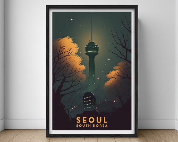 South Korea Travel Poster Namsan Tower Seoul Wall Art Print Korea Namsan Painting Illustration Korea Tower Watercolor Home Decor