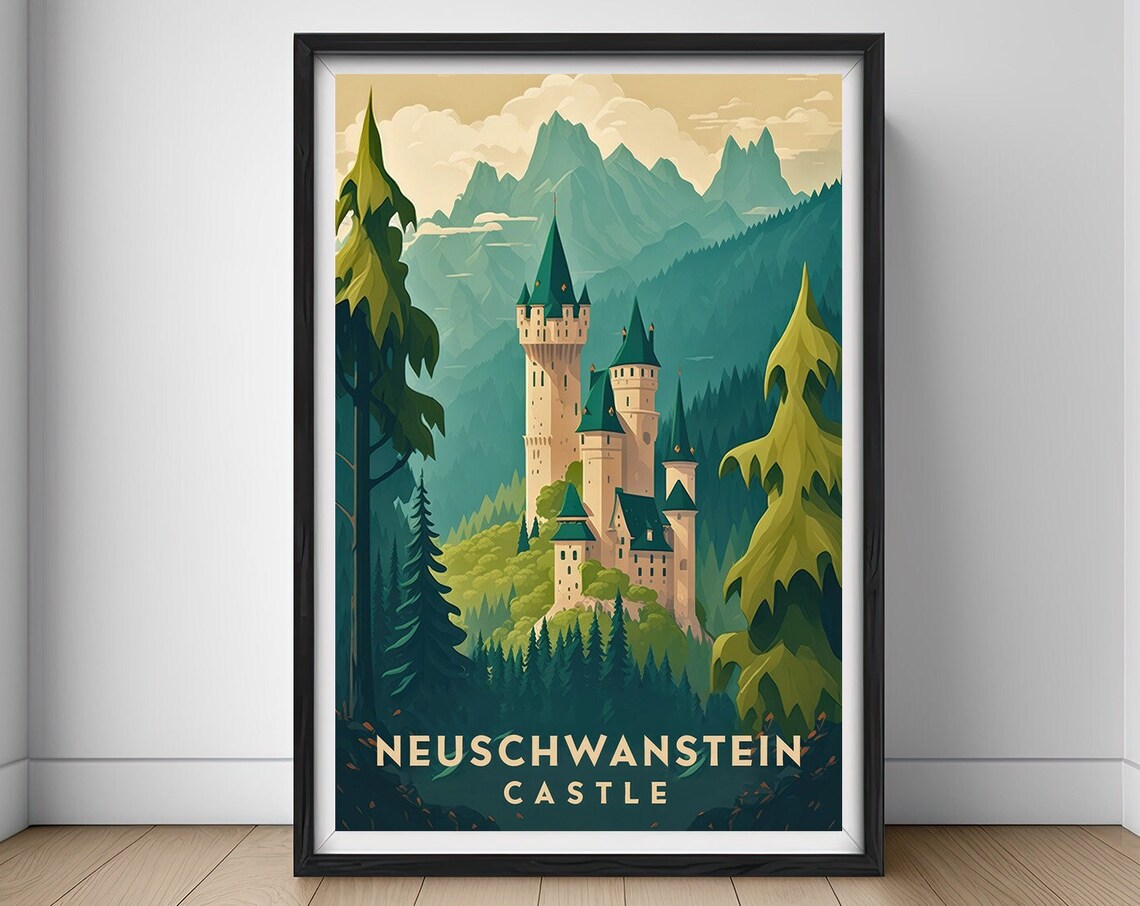 Neuschwanstein Castle Bavarian Alps Fairy Tale Retro Travel Poster