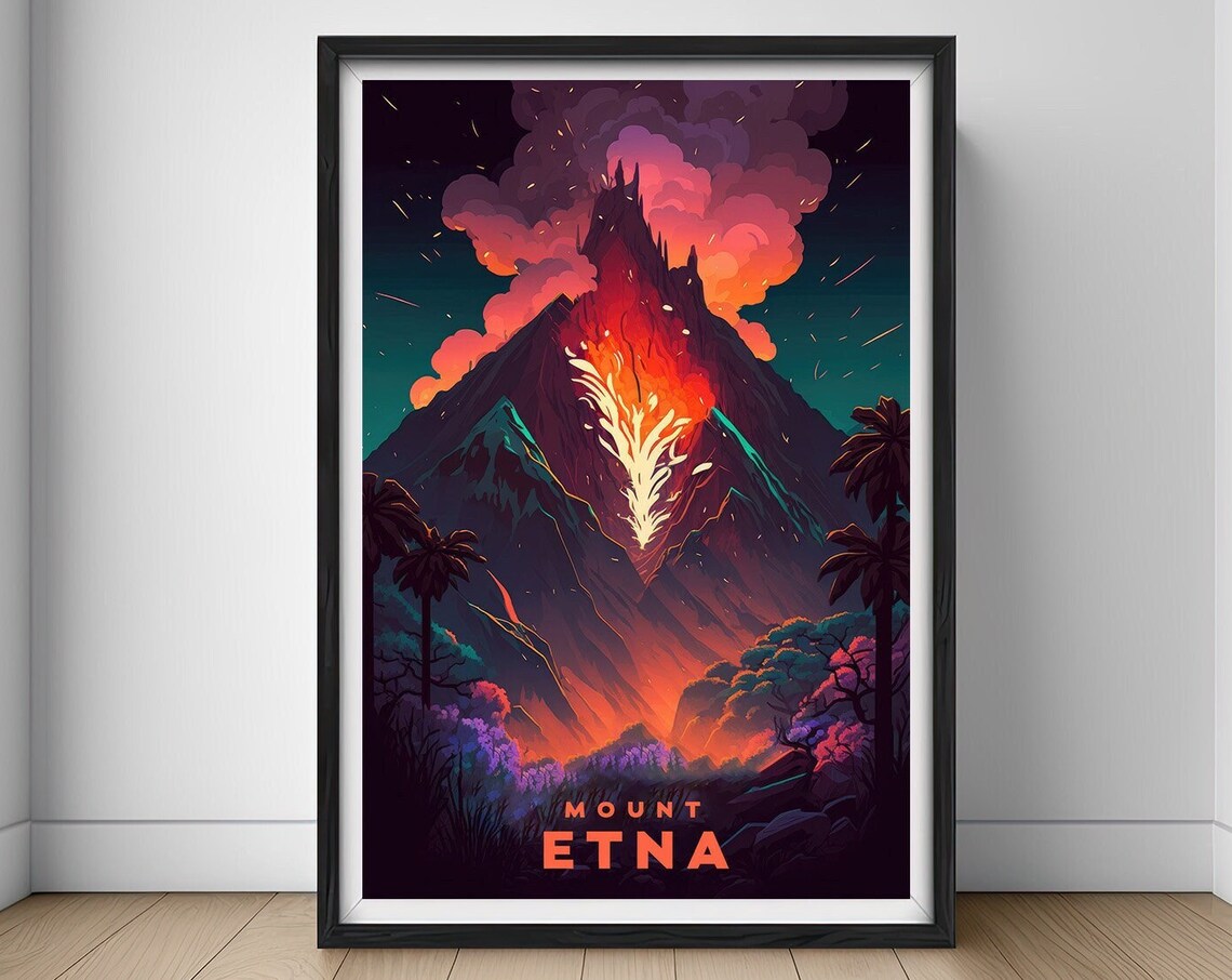 Mount Etna Travel Poster Mt Etna Wall Art Print Sicily Italy Poster Italy Painting Volcano Illustration Mount Etna Watercolor Home Decor