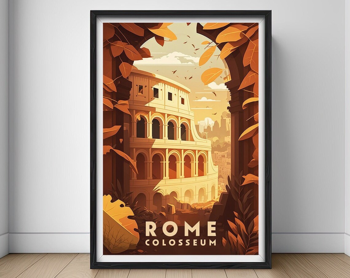 Rome Colosseum Ancient Ruins Autumn Arch Vintage Travel Poster