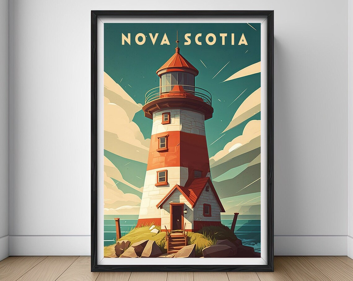 Nova Scotia Red White Lighthouse Coastal Vintage Travel Poster