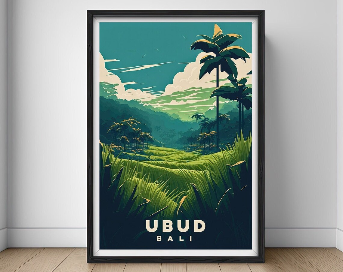 Ubud Bali Emerald Rice Terraces Palm Grove Vintage Travel Poster