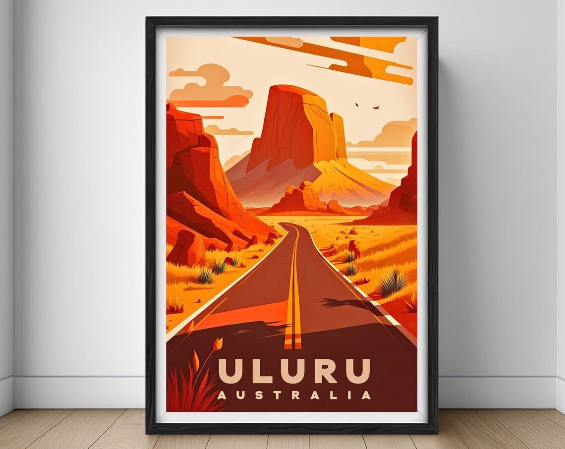 Uluru Australia Vintage Travel Poster Desert Road Red Rock Art