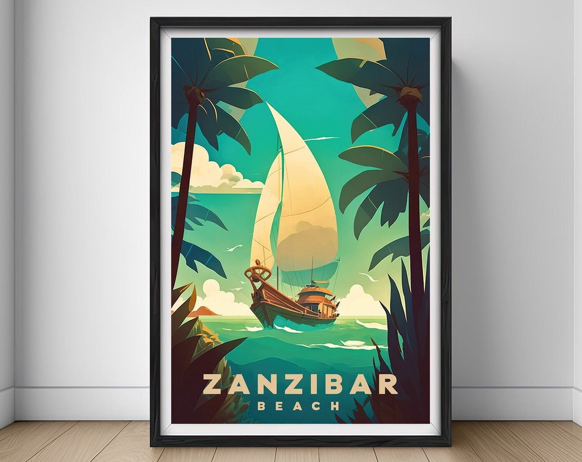 Zanzibar Beach Vintage Travel Poster Sailboat Palm Sunset Art
