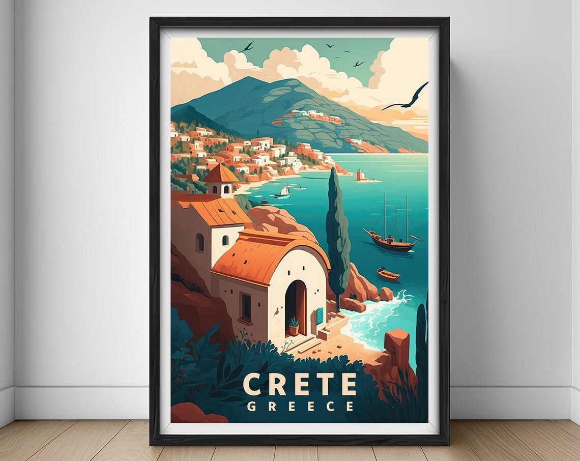 Crete Greece Coastal Village Seaside Retro Travel Art Poster
