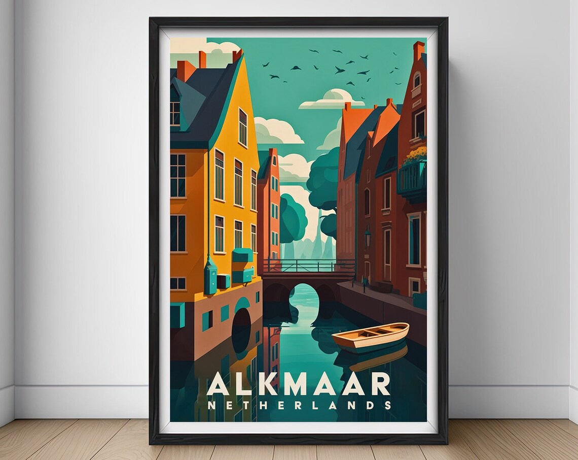 Alkmaar Netherlands Canal Gabled Houses Vintage Travel Poster