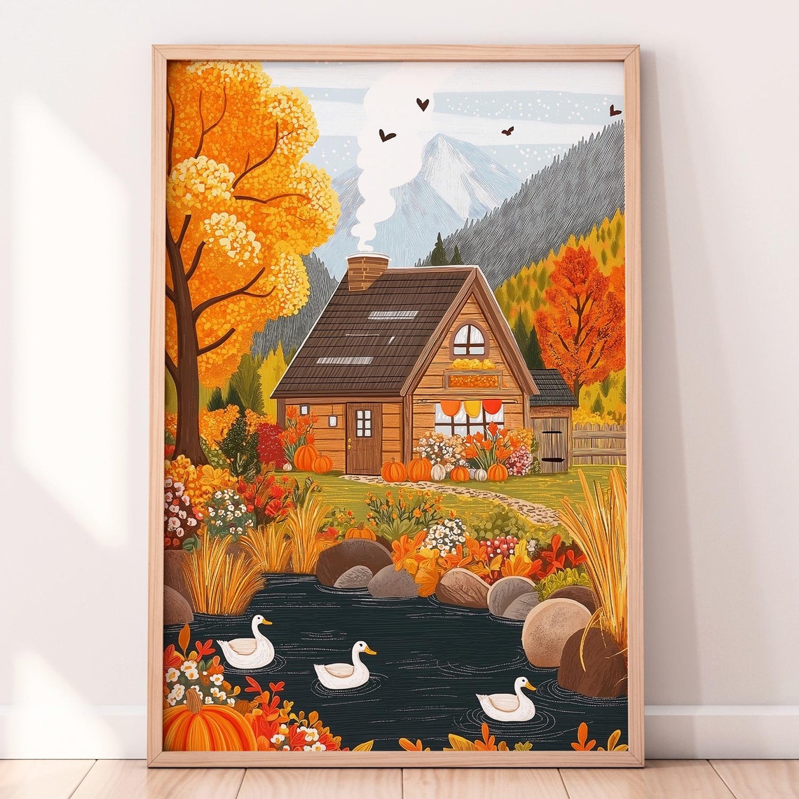 Pumpkin Cottage Autumn Fall Landscape Lake Ducks Harvest Wall Art