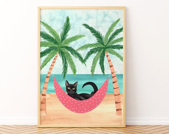 Black Cat Art Print, Tropical Summer Decor