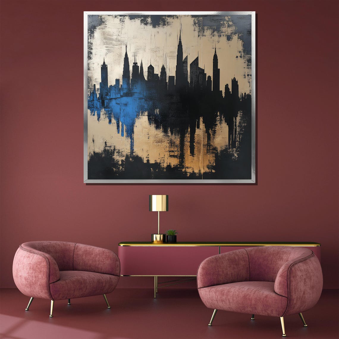 Modern Abstract Cityscape Silhouette Gold And Blue Art Poster - Image 3