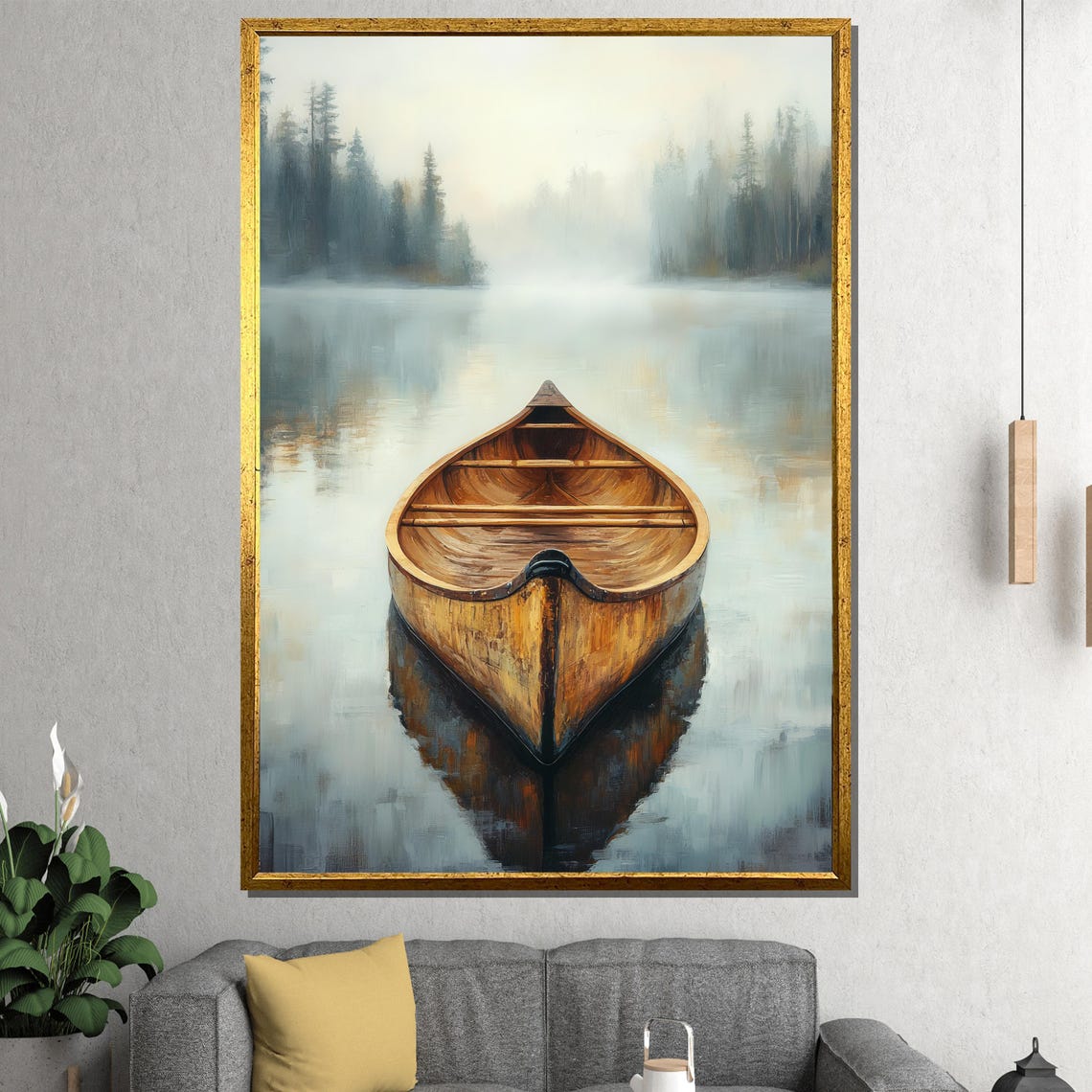 Peaceful Empty Wooden Canoe Misty Lake Still Water Forest Poster