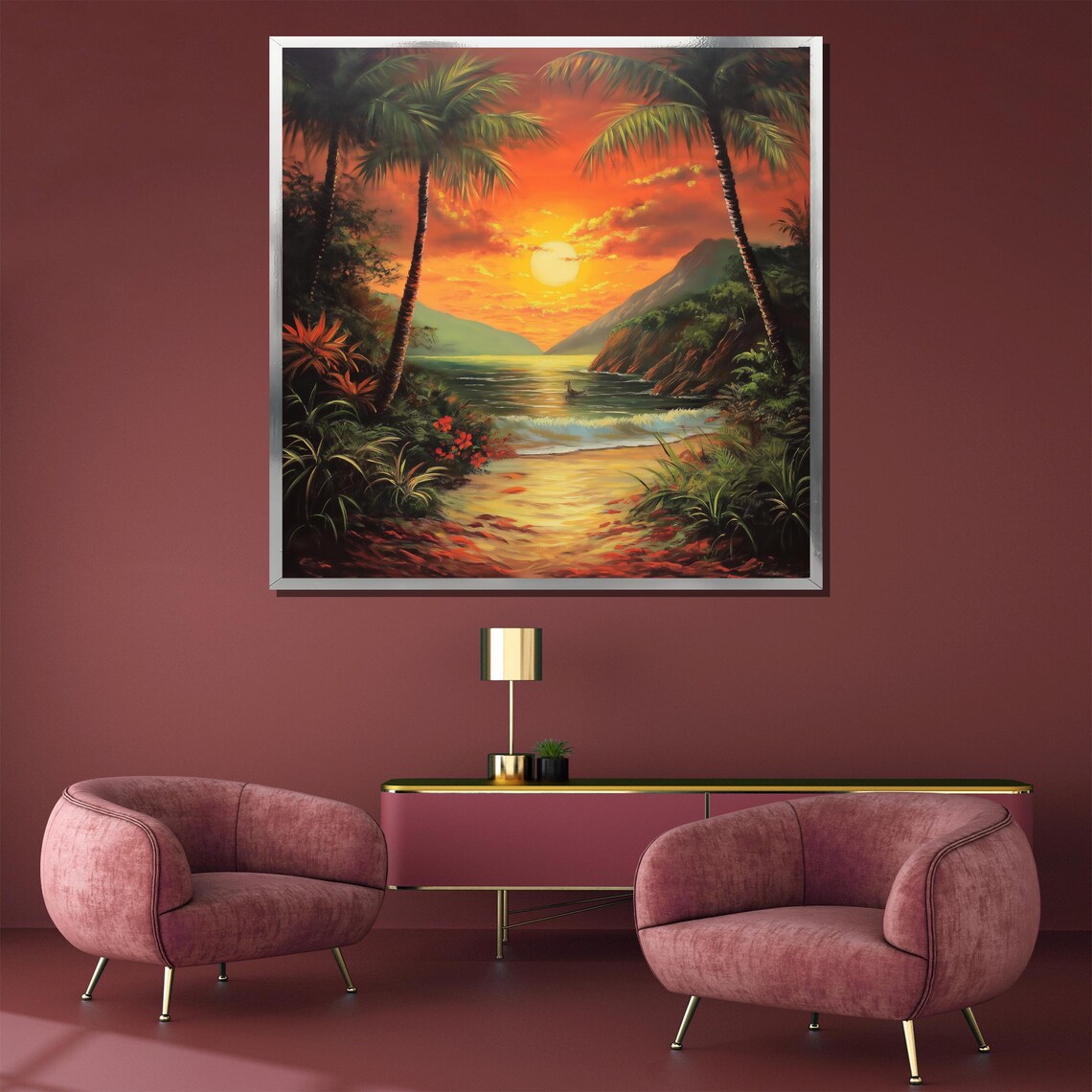 Tropical Sunset Painting, Vibrant Coastal Decor - Image 3