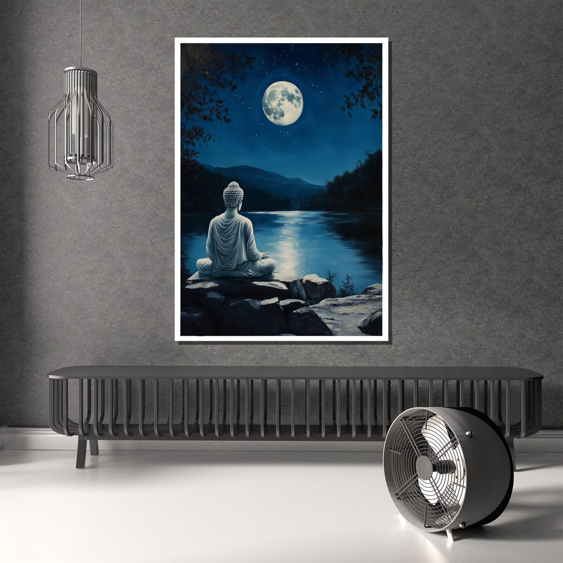 White Buddha Meditating by a Moonlit Lake Under Full Moon Poster - Image 2
