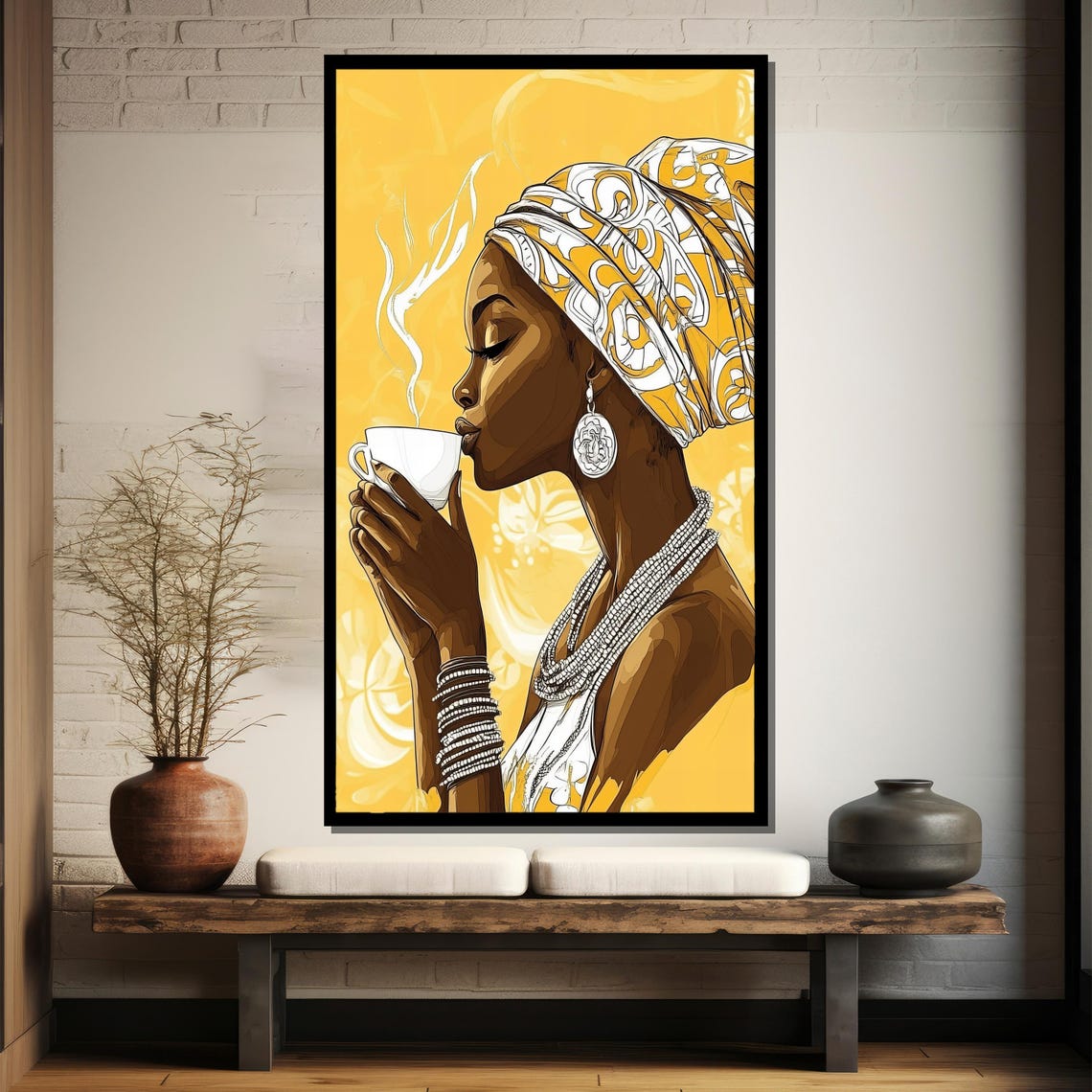 African Woman Sipping Coffee in Radiant Gold Modern Art Poster - Image 4