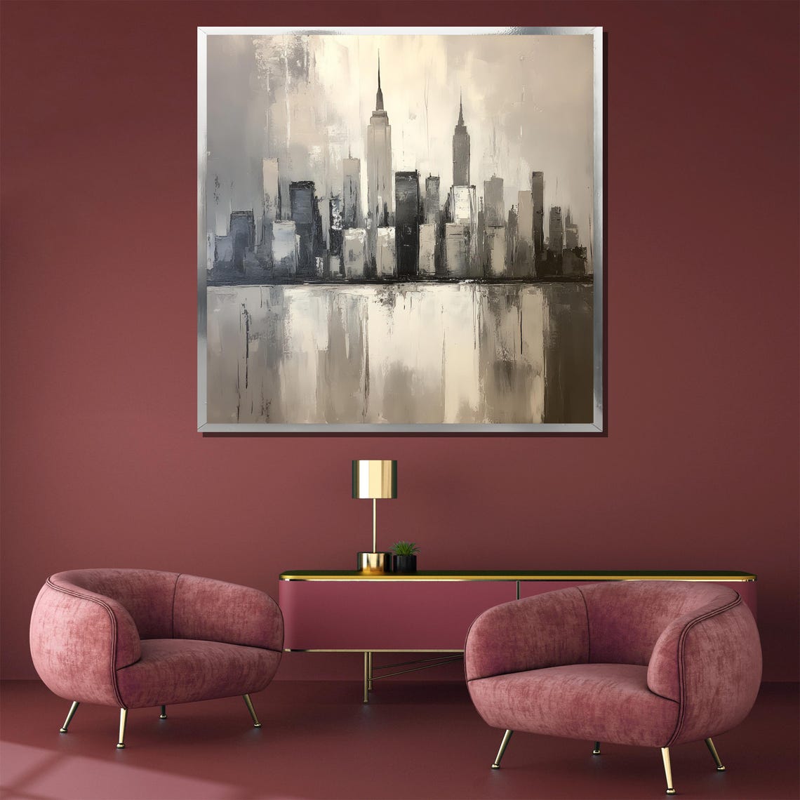 Gray Monochrome City Skyline Reflected In Water Modern Art Poster - Image 3