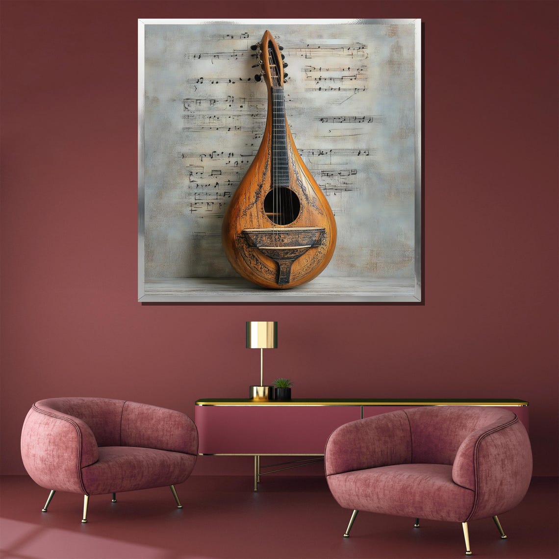 Classic Vintage Mandolin Still Life on Aged Sheet Music Poster - Image 3