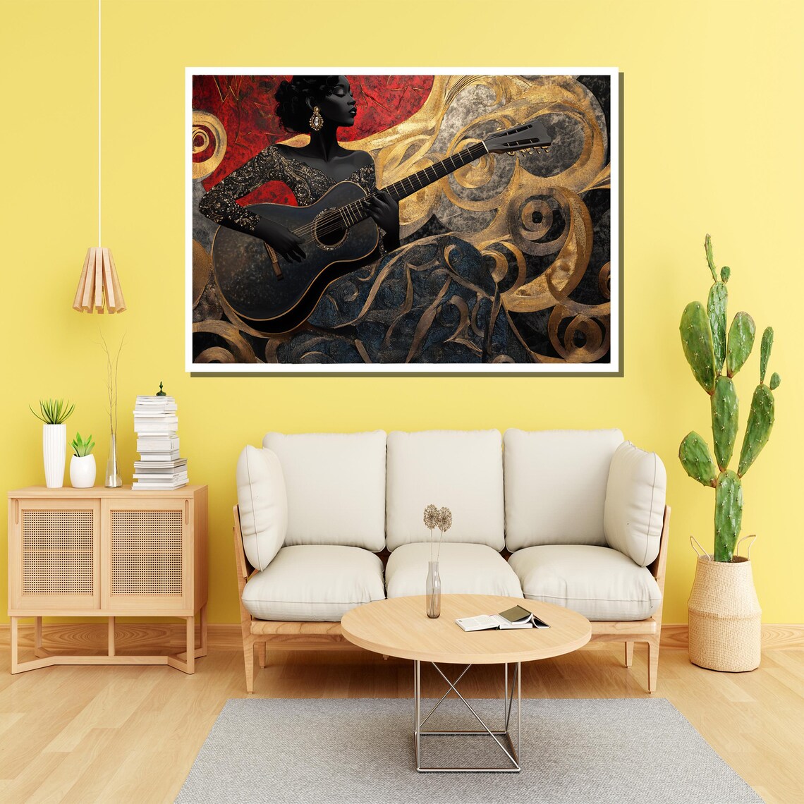 Elegant Woman Playing Acoustic Guitar in Swirling Gold Poster - Image 2