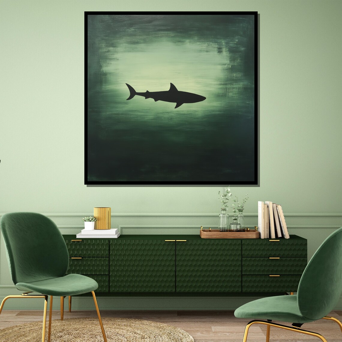 Minimalist Shark Silhouette in a Soft Green Ocean Wash Poster - Image 4