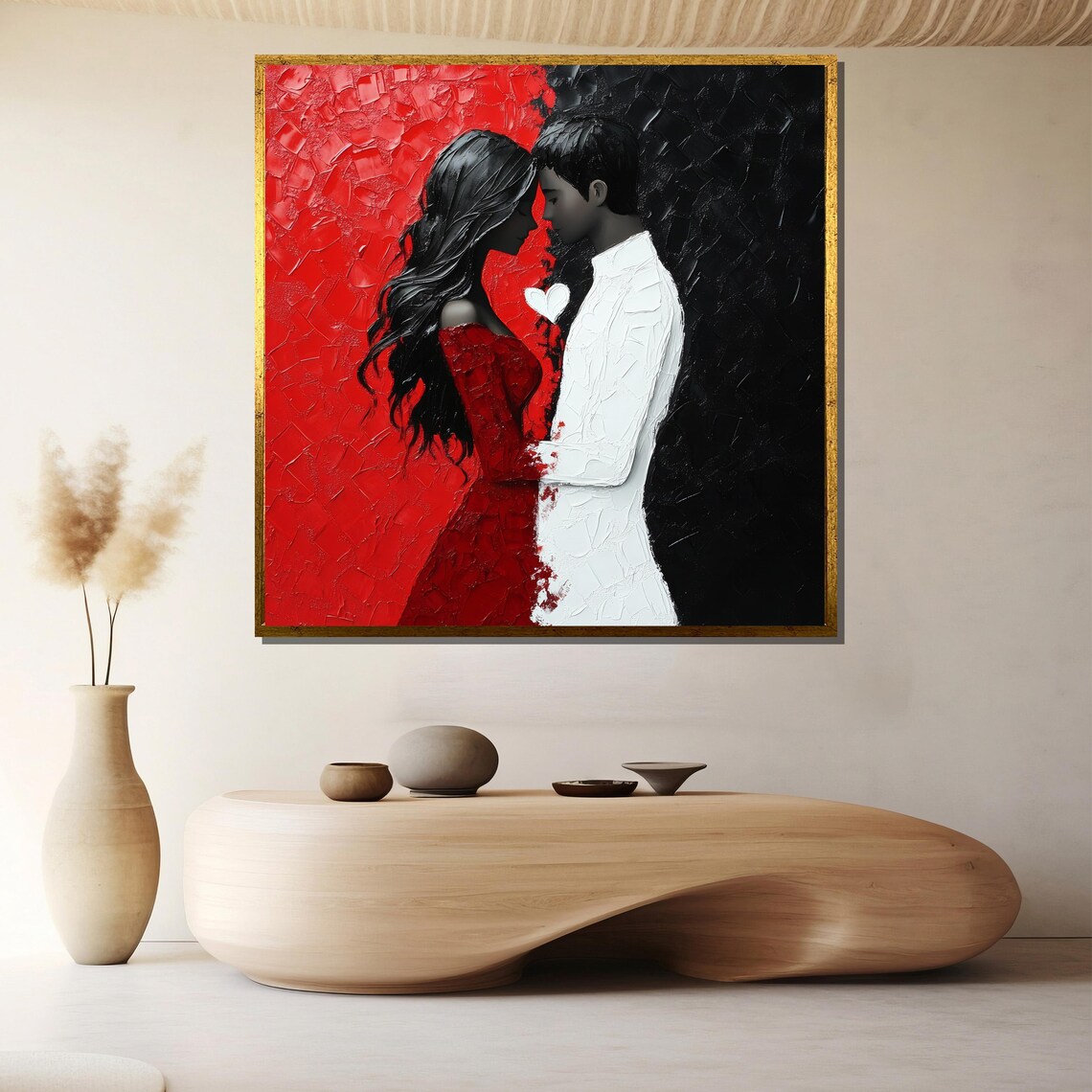 Red And Black Passionate Couple Textured Love Painting Art Poster