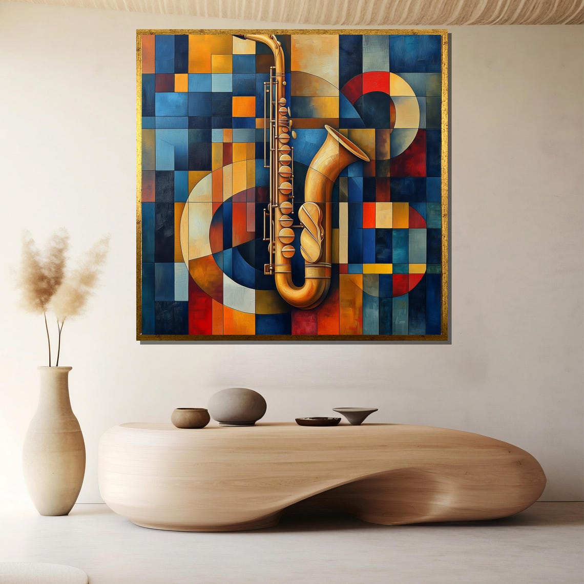 Colorful Geometric Saxophone Painting in Blue and Gold Poster