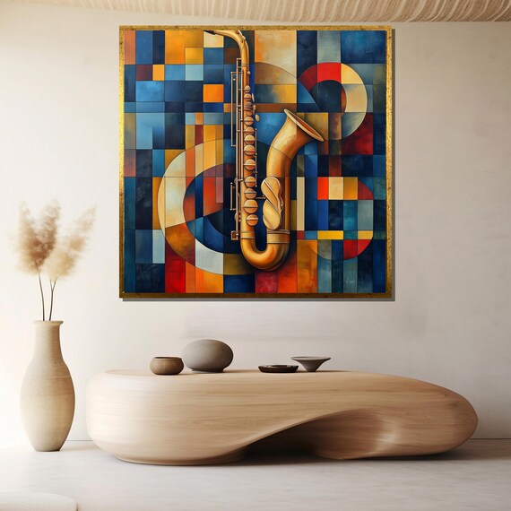 Colorful Geometric Saxophone Painting in Blue and Gold Poster