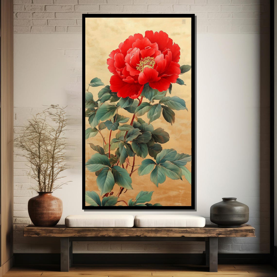 Majestic Red Peony Bloom on Shimmering Gold Leaf Botanical Poster - Image 4