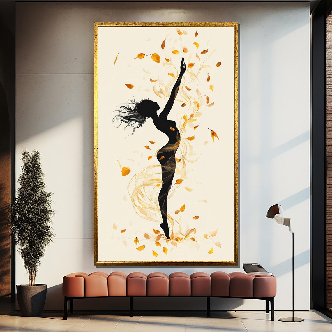 Dancing Silhouette Swirling With Golden Autumn Leaves Poster
