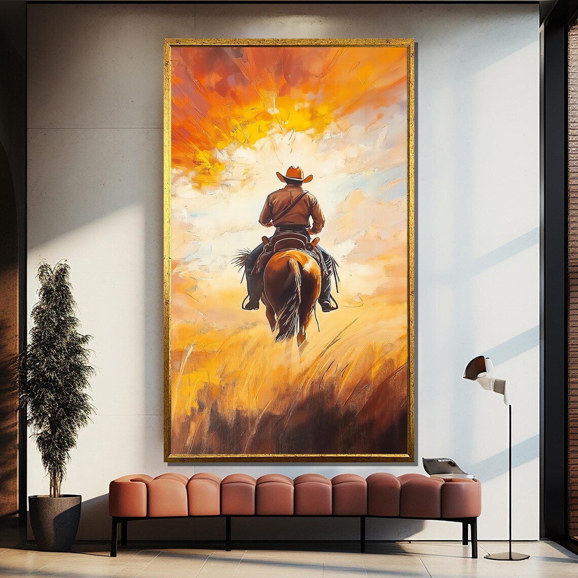 Cowboy Riding Into Sunset Horseback Golden Prairie Western Wall Poster